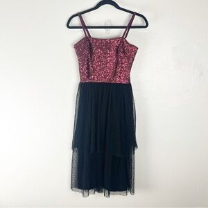 DRESS THE POPULATION Kady Merlot Black Sequin Tiered Point Dress, Size XS